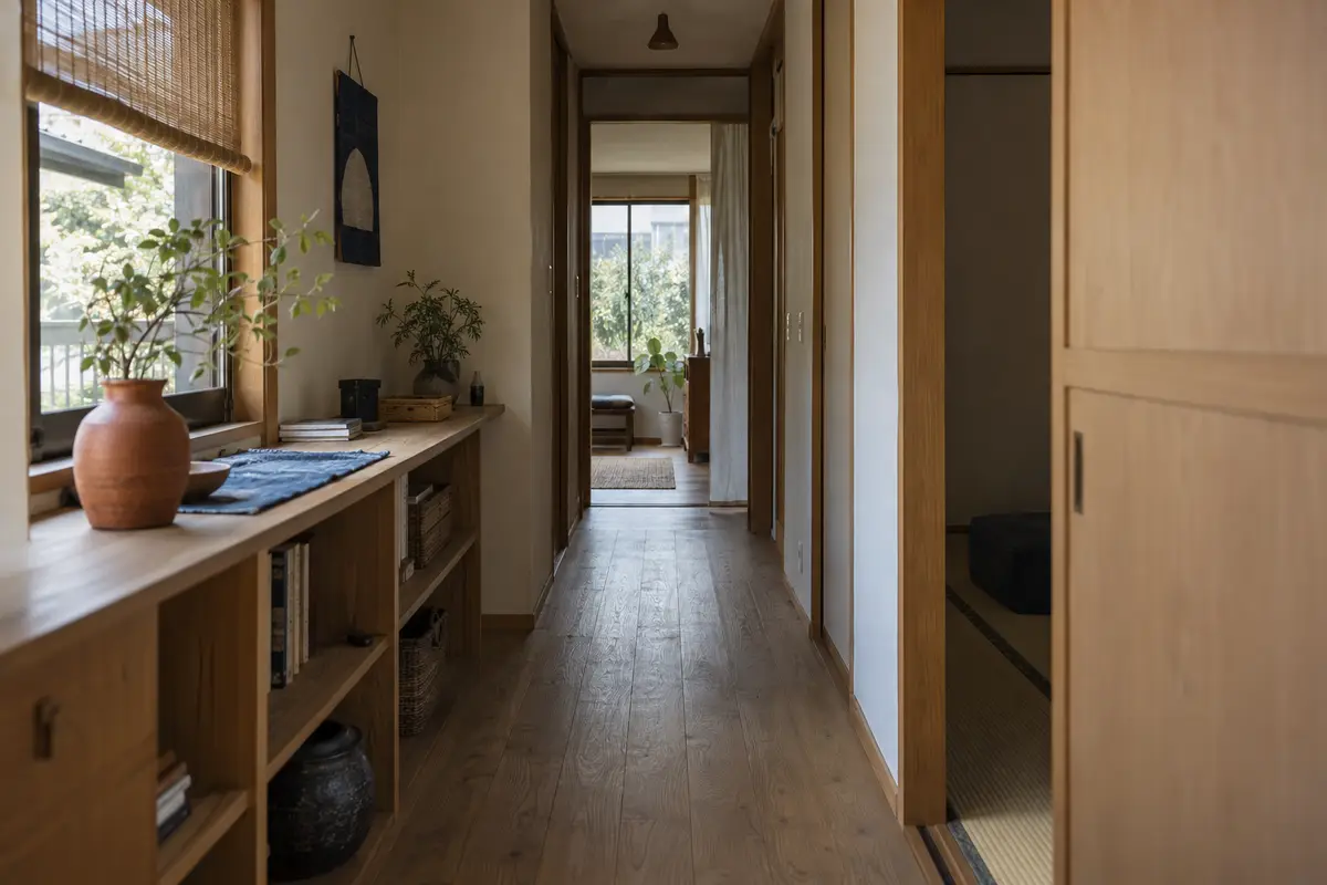 家具を片側に寄せて、通路を残した廊下